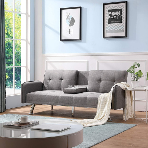 Sofa Cama Convertible Y Ajustable Porta Vasos Color Griscl  