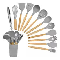 Comprar Set Kit X12 Utensilios De Cocina Mango Madera Punta Silicona