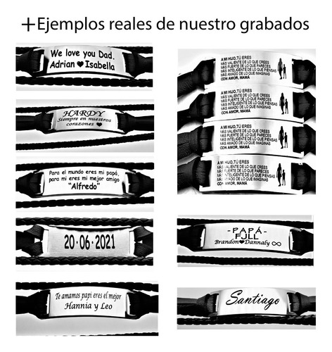 Imagen 7 de 10 de 3 Pulseras Acero Piel Negra Personalizada Láser M1101