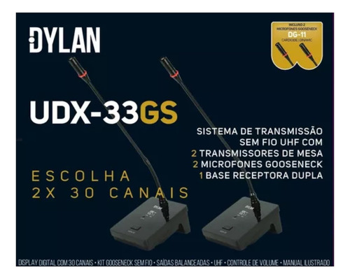 Microfone Sem Fio De Mesa Gooseneck Uhf Udx-33 Dylan Duplo Cor Preto