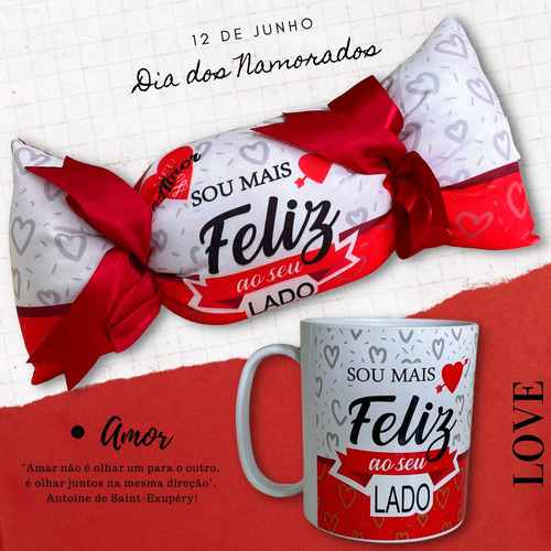 Almofada Bombom Canecas Namorados Presente Decoração Amor Desenho do tecido Sou mais feliz ao se lado