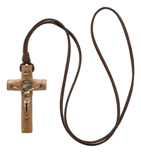 Colar Crucifixo Madeira Cilíndrica Chagas São Bento 6cm