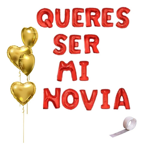 Queres Ser Mi Novia En Globos De 40 Cm + Corazones Rojo Y Dorado Novia