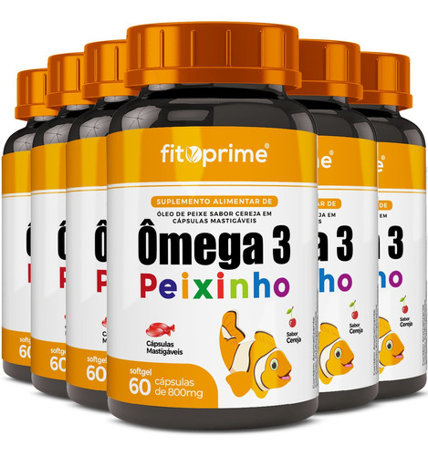 Kit 6 Ômega 3 Peixinho Mastigável Sabor Cereja 60 Cápsulas