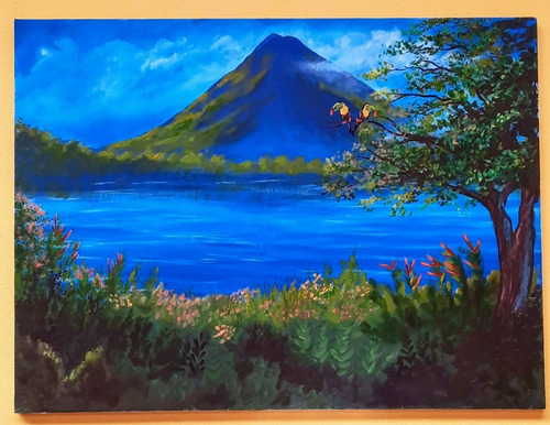 Obra De Arte Pintura Volcán Arenal Tucanes Acrílico/óleo