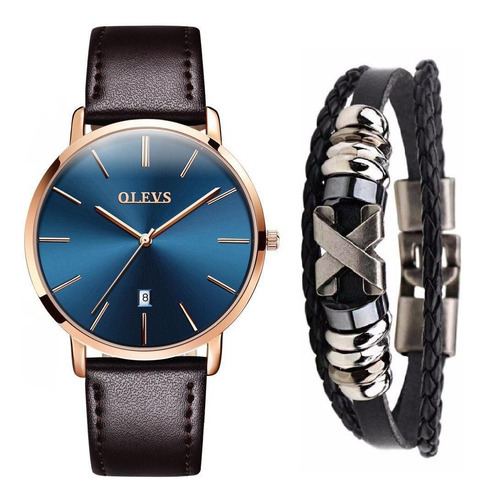 Relógio Masculino Social Olevs Dourado Ultra Fino + Pulseira Cor da correia Marrom Cor do fundo Azul