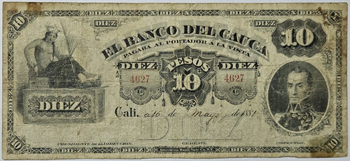 Billete 10 Pesos 16/may/1881 El Banco Del Cauca Colombia Vf