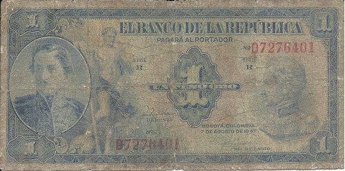 Colombia  1 Peso Oro 7 De Agosto 1947 Letra D 7 Dígitos