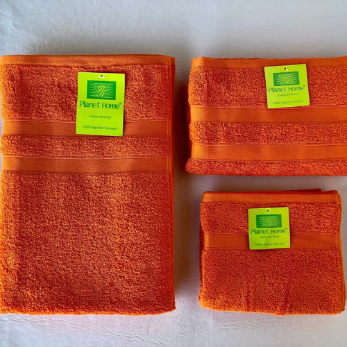 Conjunto De Toallas Y Toallon Planet Home Algodón 100% Peina Naranja Lisa