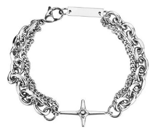 Pulsera Dije Acero Estrella 4 Puntas Cruz Diamante Imitaci 