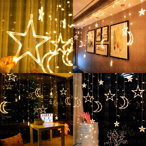 Imagen 4 de 9 de Cortina Led Luces Estrellas Lunas 3 Metros Calido 220v Full