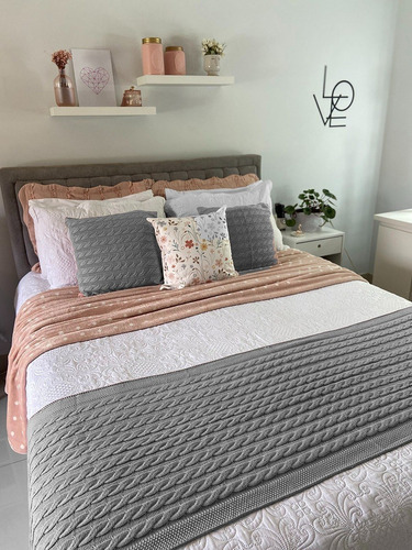 Colcha de tricot para cama y sofá Trico Queen Bed + 2 fundas de punto, color gris, diseño trenzado