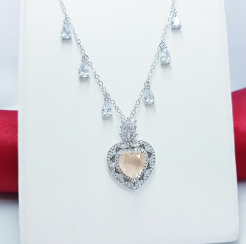 Imagem 4 de 6 de Colar Feminino Zirconia Coração Rosa Banhado A Ouro