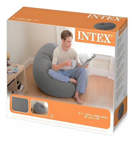 Sillón Inflable De Terciopelo Sin Frijoles Con Capacidad Para Hasta 100 Kg Intex, Color Gris Gris