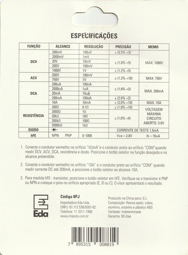 Imagem 2 de 2 de Multímetro Digital Portátil Eda Profissional Com Bateria