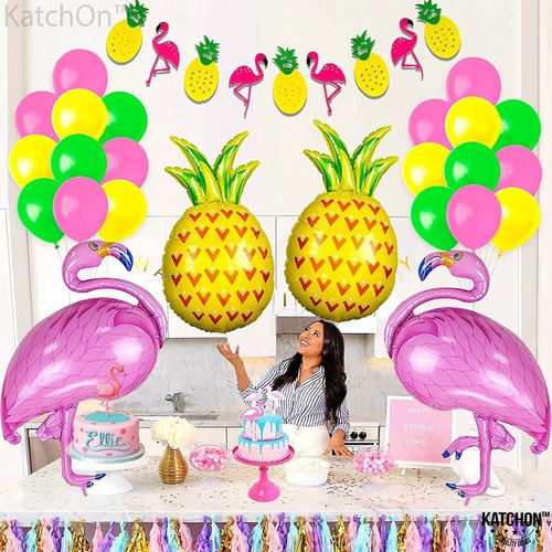 Nuevo Kit Decoración Fiesta Hawaiana Flamencos Latex Globos