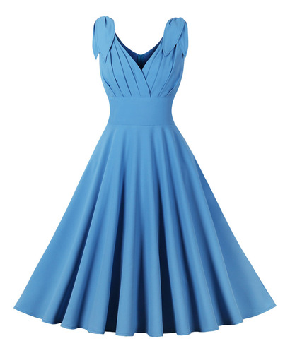 Vestido De Fiesta Plisado Azul Liso Vintage De Los Años 50 P