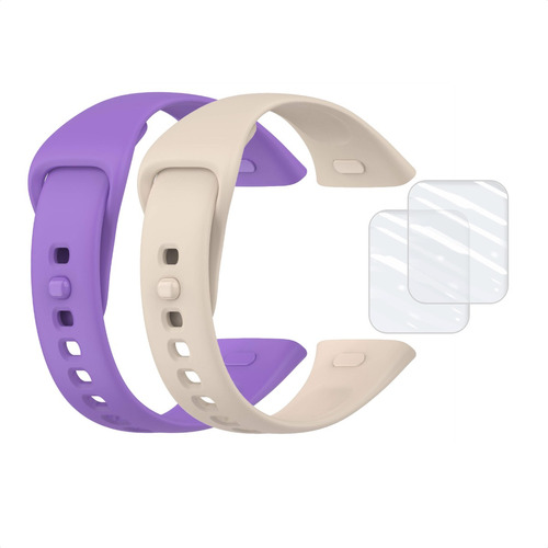 2 Pulseiras Silicone + 2 Películas Para Xiaomi Redmi Watch 3 Cor Lilás / Creme