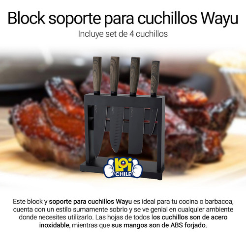 Imagen 2 de 6 de Set 4 Chuchillos + Block Soporte Wayu Asado Cocina Hogar Loi