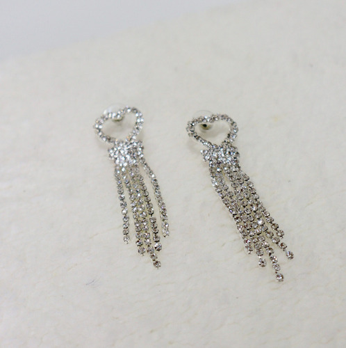 Aros Colgantes Fiesta Novia Corazón Strass Grandes Plateados