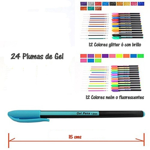 Imagen 2 de 6 de 24 Plumas De Gel Colores Neon Y Glitter (con Brillo)