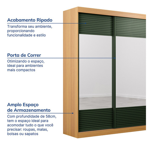 Guarda-roupa Casal 3 Portas De Correr Ripadas Com Gi