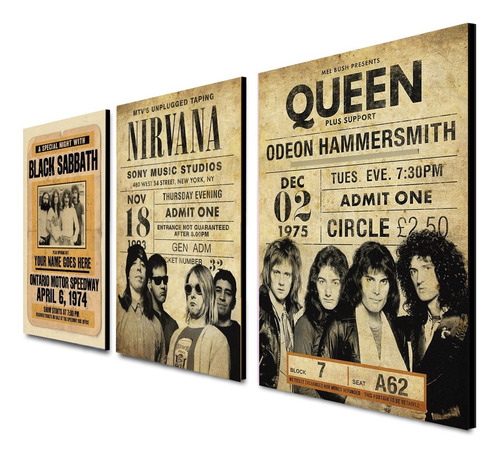 Imagen 2 de 3 de Triptico 60x25 Cms Decorativo Black Sabath, Nirvana, Queen