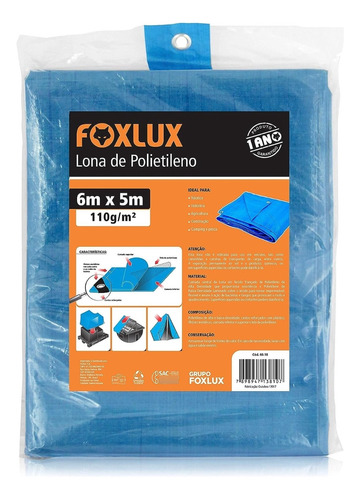 Lona Polietileno Com Ilhós 6 X 5 Azul 110g/m² Foxlux * Promo