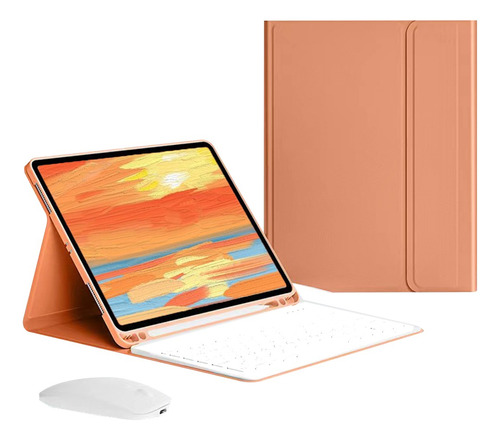 Capa Para Tablet S7 Fe (12,4 Universal) Com Teclado E Mouse Cor Laranja Vibrante Teclado Branco Mouse Bluetooth Recarregável Branco