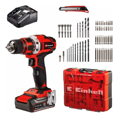 Taladro Percutor Atornillador Inalámbrico De 13mm Einhell Te-cd 18/40 Li +68 18v Con Maletín De Transporte + Kit 68 Accesorios