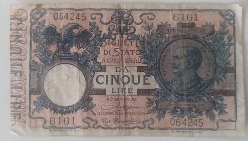 Antiguo Billete 5 Liras Italia 1924 Pick 23 G