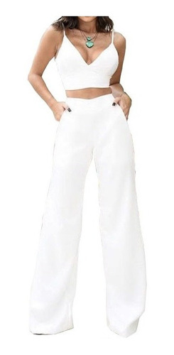calça pantalona e cropped branco