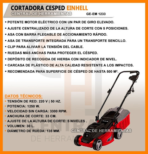 Cortadora Cesped Einhell Maquina Cortar Pasto Bolsa Electric