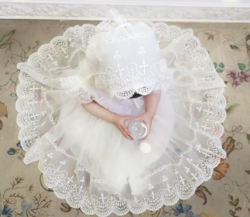 Vestido Branco P/ Bebes Com Touca P/ Batizados Casamentos