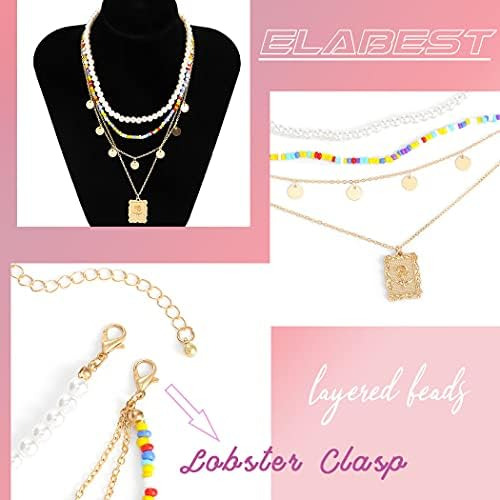 Elabest Collar De Perlas En Capas Cadena De Cuentas De Color
