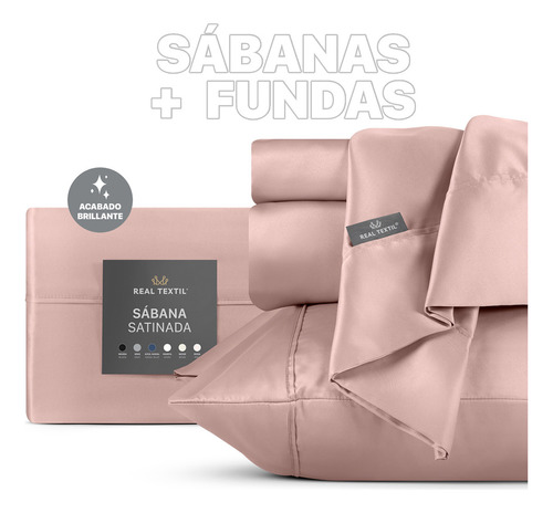 Real Textil Sabana de Satin Matrimonial lujosa y sedosa funda de almohada elegante para todo el año Juego de sabanas color Rosa