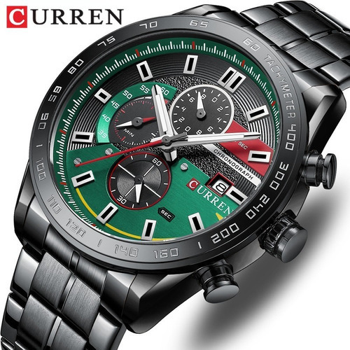 Relógio de quartzo inoxidável Curren Business para homens, cor de fundo preto/verde