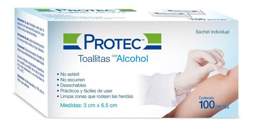 Toallitas Con Alcohol Protec 3x6.5 Cm Caja Con 100 Pzas.