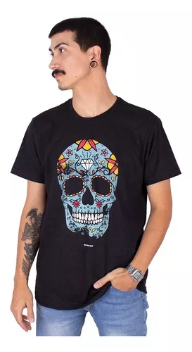 Camiseta Preta Masculina Caveira Mexicana Catrina Diamante