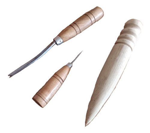 Imagen 1 de 6 de Kit Lezna Triangular 2mm+ Desvirador +bruñidor De Cuero