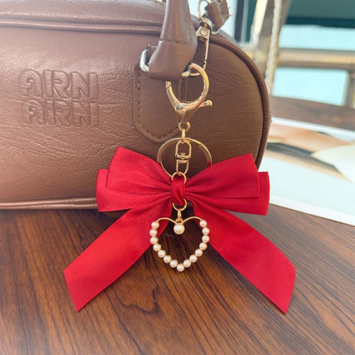 Llavero Con Lazo Rojo, Colgante De Perlas En Forma De Corazó