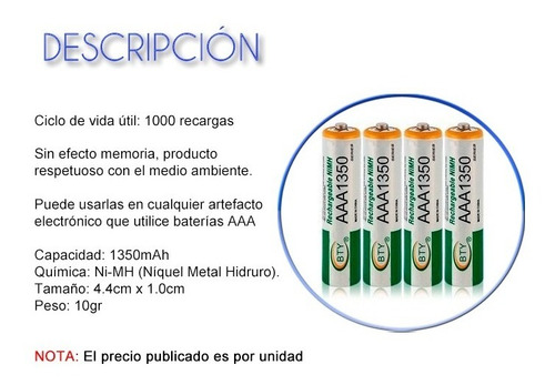 Imagen 2 de 3 de Pila Recargable Bateria Aaa 1.2vol 1350mah, Marca Bty Nuevas