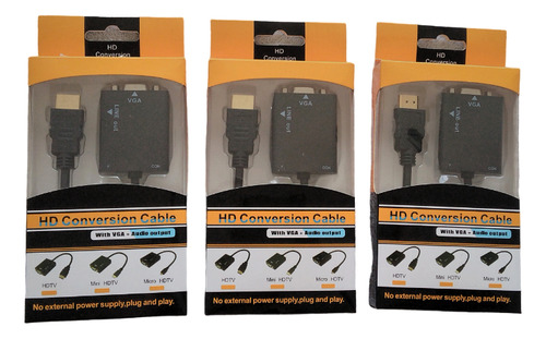 Adaptador Hdmi Para Vga Com Cabo P2 De Áudio Kit Com 3 Caixas