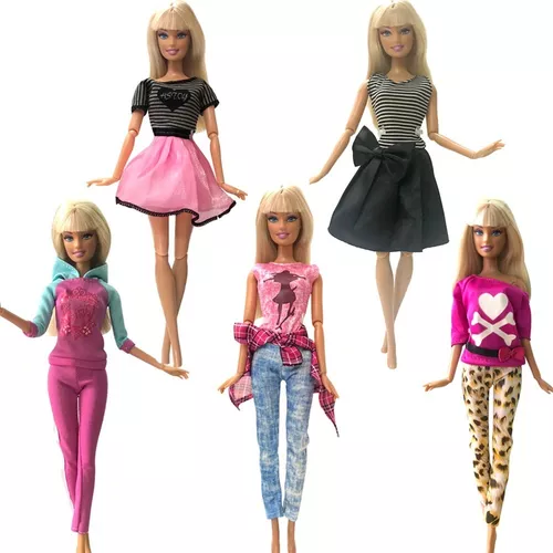 Kit Atacado 5 Casual Roupas + 5 Sapatos P/ Boneca Barbie