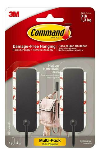 Ganchos De Pared Command Medium Matte Black, 2 Ganchos Y 4 T