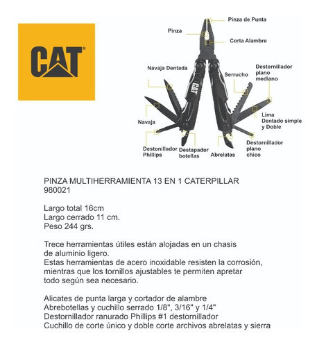 Imagen 3 de 8 de Pinza Cat Caterpillar Multi Herramienta 13 En 1 980021 Inox