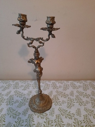 Antiguo Candelabro Bronce Macizo Doble Con Figura