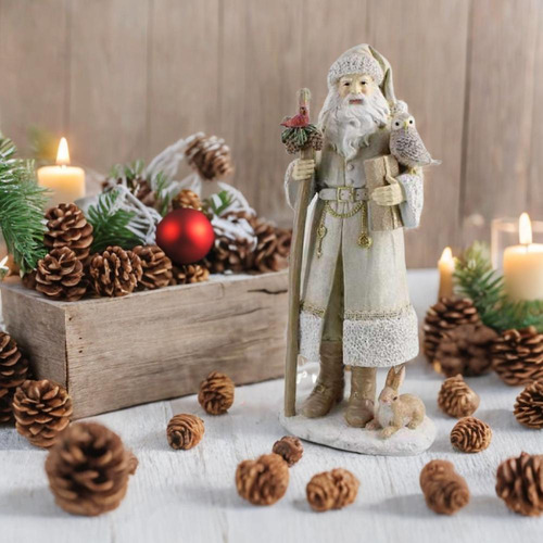 Escultura Papai Noel Decor Em Resina Com Animais Branco 31cm
