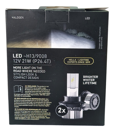 Foco Led H13 (9008) Hella Retrofit 6500k 200%+luz 12v 21w H13 Gris Blanco Frío