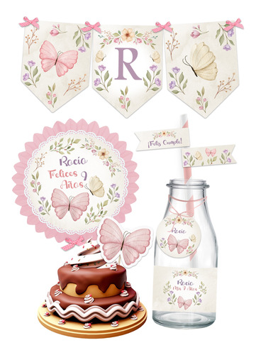 Kit Imprimible Mariposas Y Flores Personalizado Deco + Candy